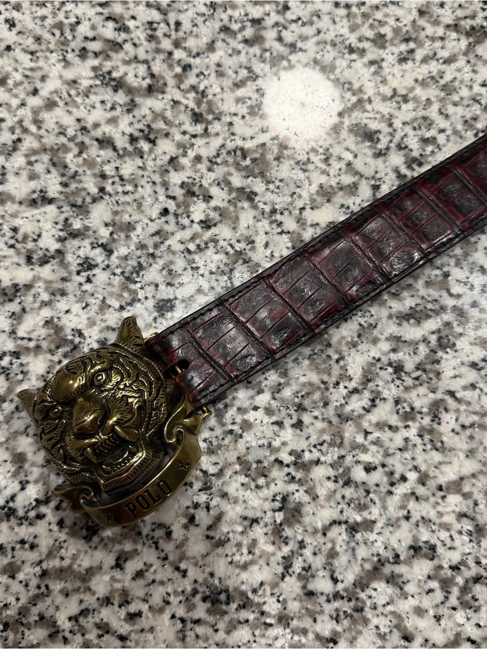 Polo by Ralph Lauren Brown Croc-Embossed Leather Belt with Gold Tiger Buckle